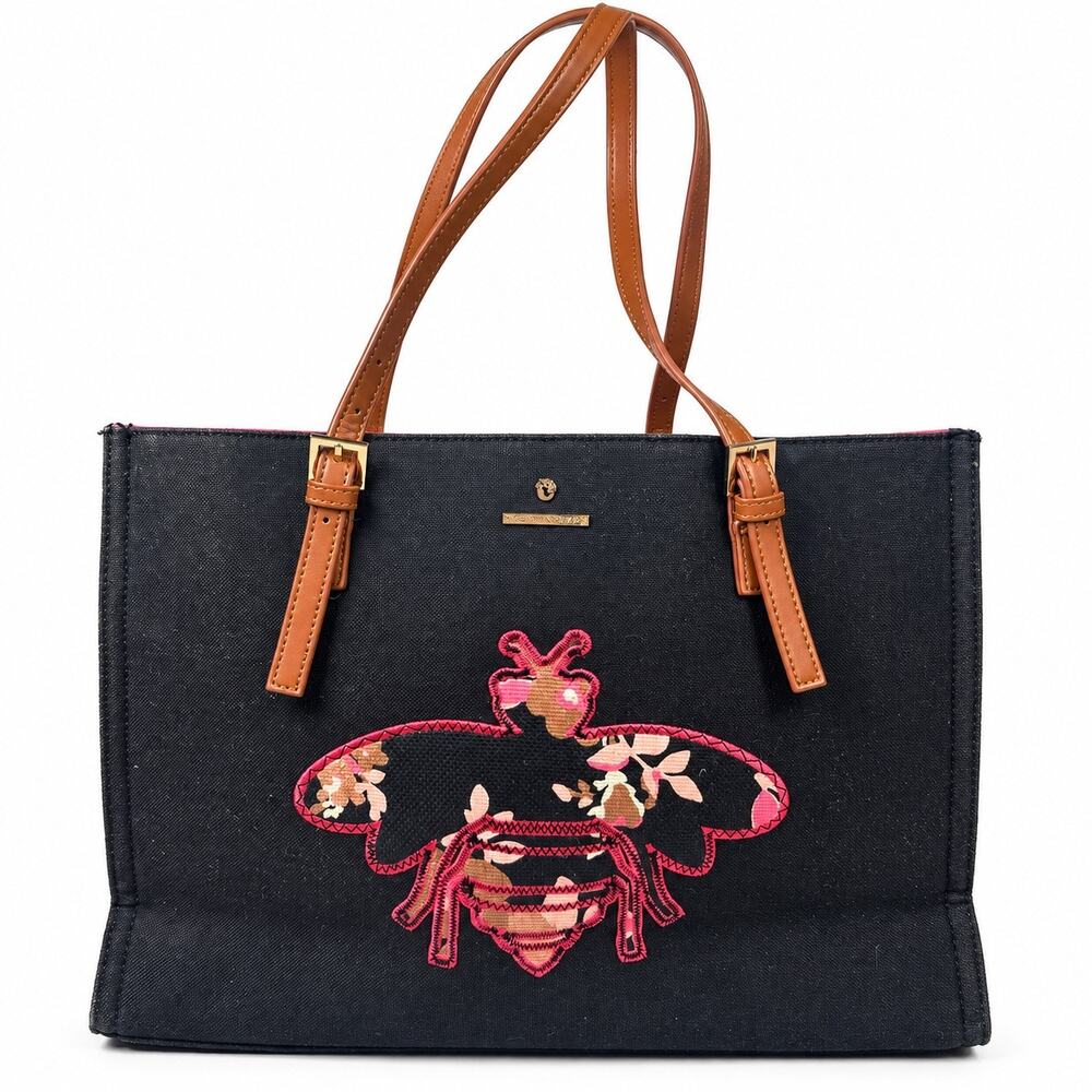 Spartina 449 Bee Embroidered Tote Bag Black Floral Tan Womens Shoulder Purse